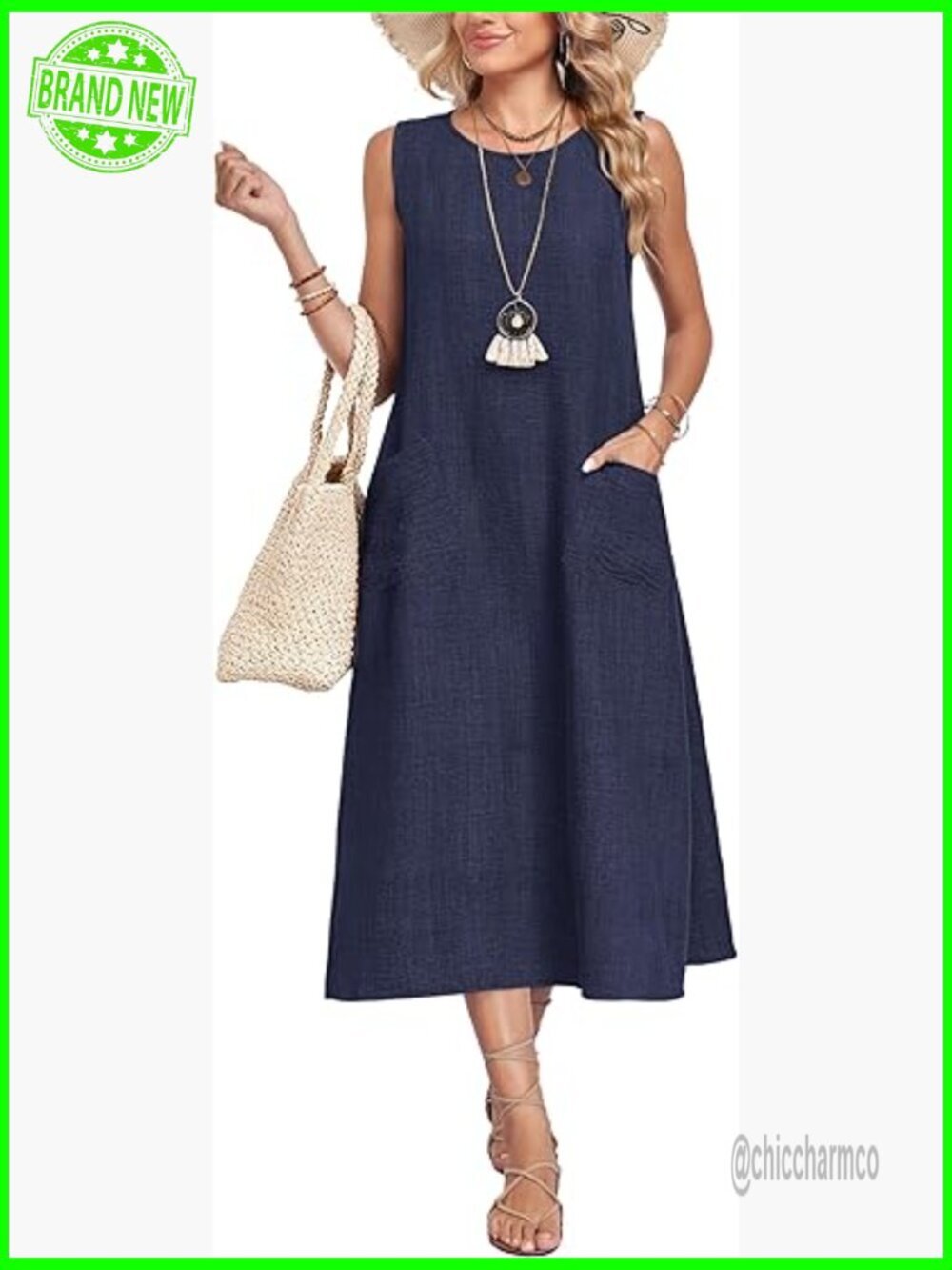 Sleeveless Crewneck Midi Sundress with Pockets Casual Summer
